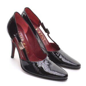 Peter Kent Black Patent Buckle Almond Toe Pump 37.5 New